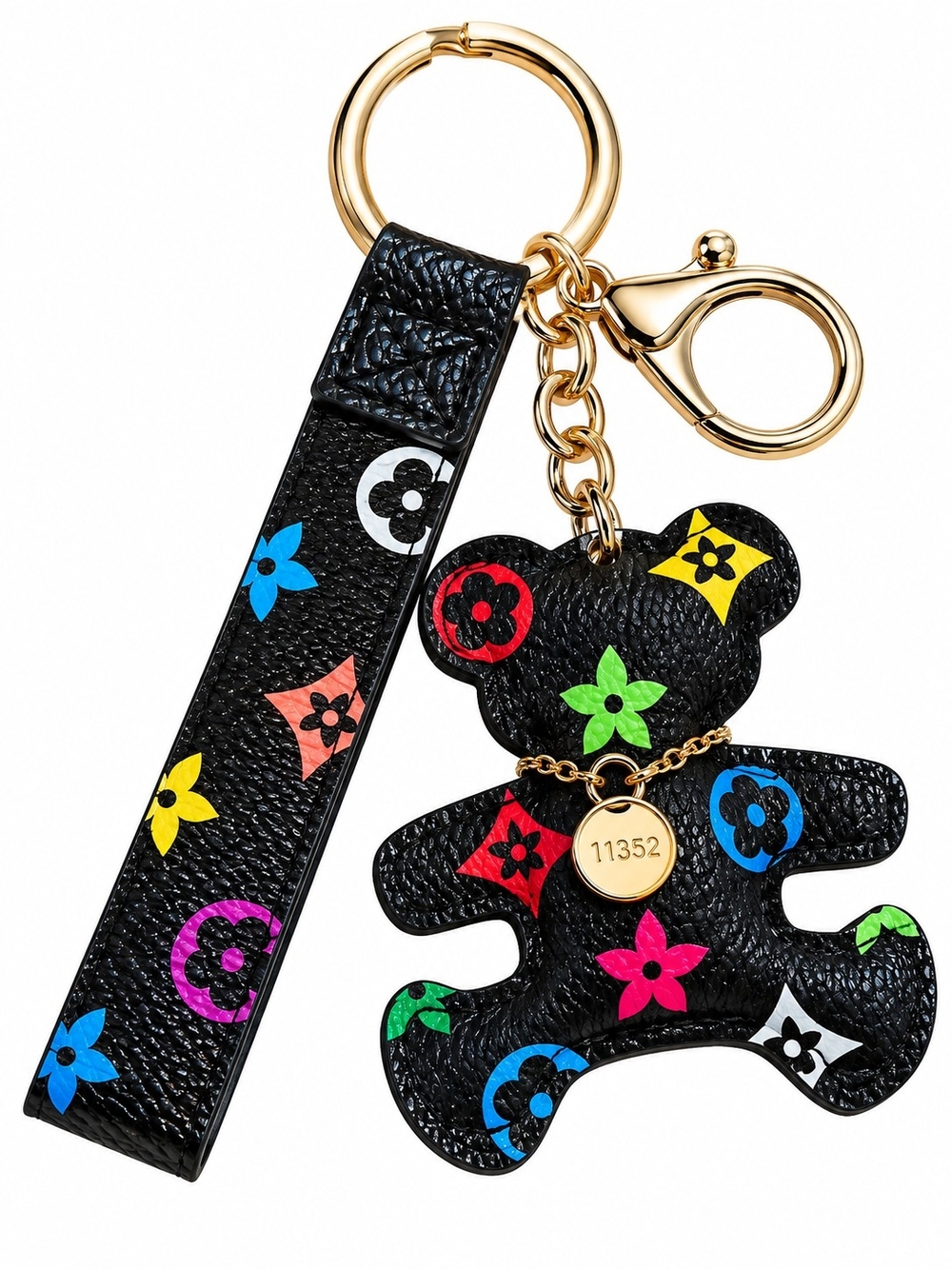 Design Inspired Black Multicolor Teddy Bear Keyring with Gold Hardware